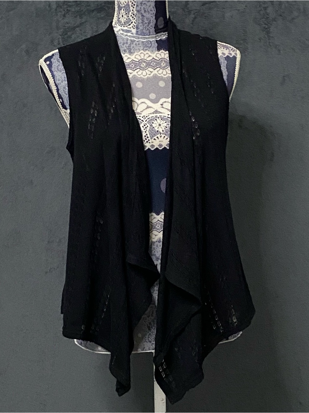 Bluheaven Sweater Vest Womens M Black Open Front Crochet Lace Fairy Bohemian